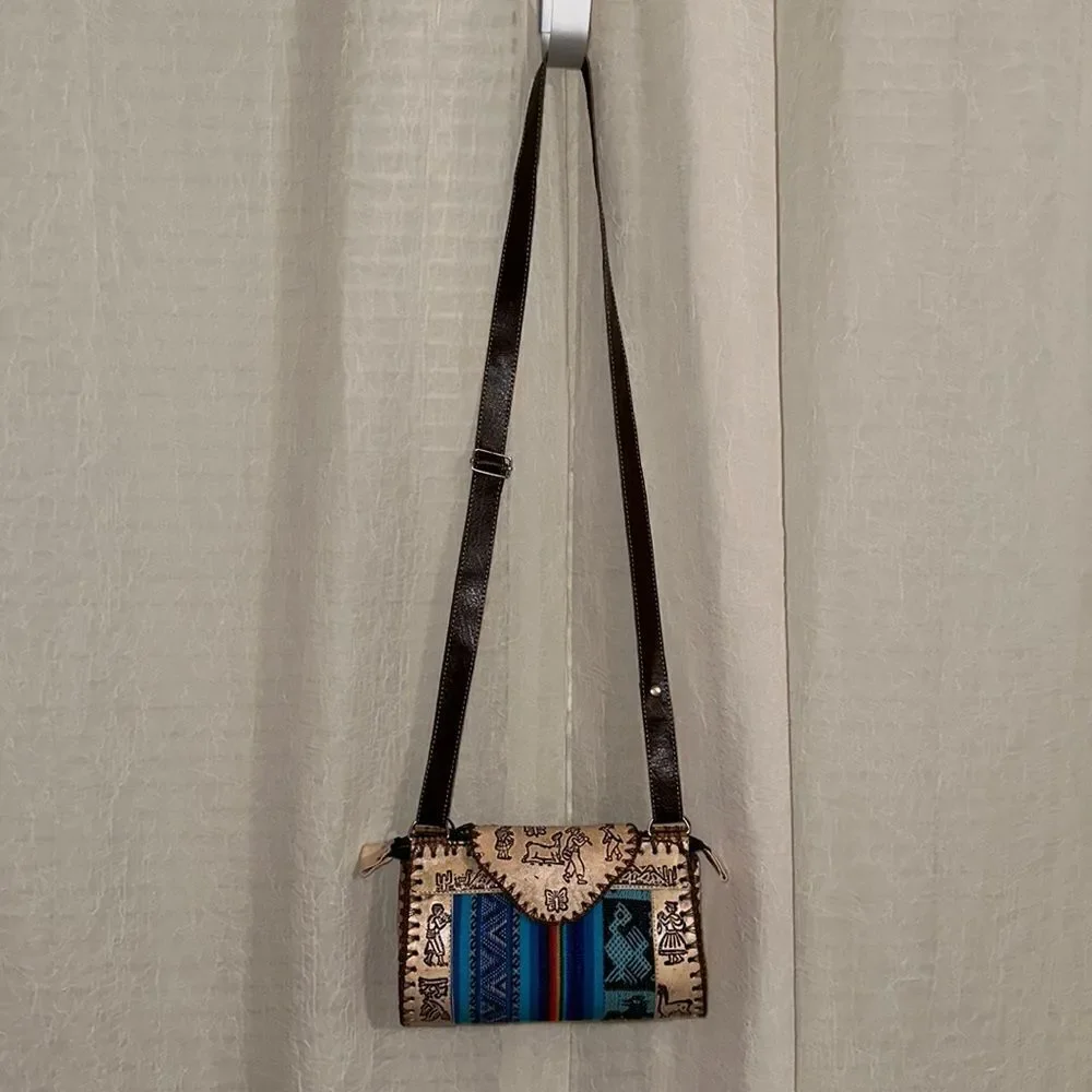Peruvian Genuine Tooled Graphic Leather Stripe Mini Crossbody Bag